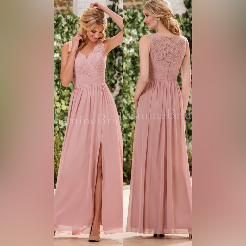 B183060 Long V-neck Lace & Poly Chiffon Bridesmaid Dress with Slit